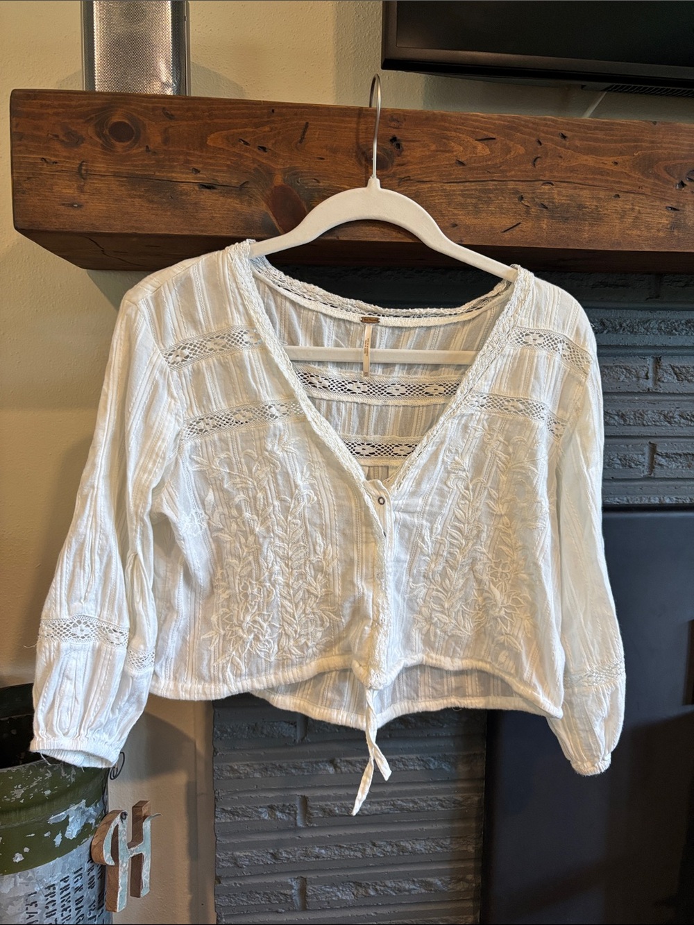 Free People White Embroidered Tie-Front Boho Blouse